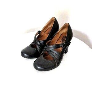 Miz Mooz sz 7.5 38 Black Mary Jane Pumps Crossover Round Toe Office Siren EUC